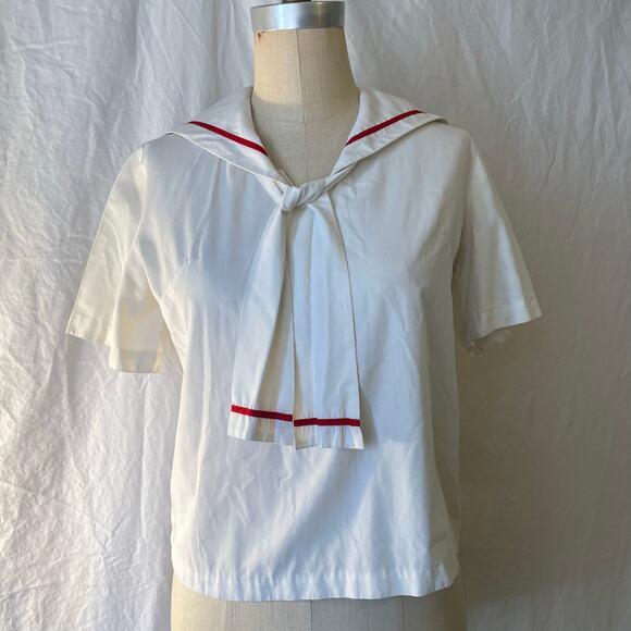 Vtg 60s Sailor Collar High School Club Embroidered Tri-Kette Uniform Cotton Top - Picture 2 of 9